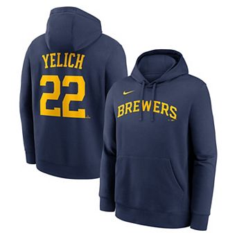 Men's Nike Christian Yelich Navy Milwaukee Brewers Name & Number Club Fleece Pullover Hoodie