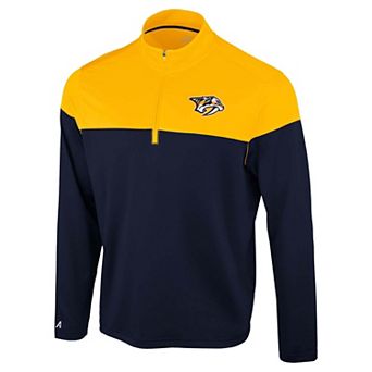 Men's Antigua Navy/Gold Nashville Predators Hinder Quarter-Zip Pullover