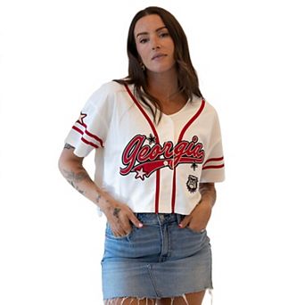Women's Gameday Social Off White Georgia Bulldogs Cropped Patch Baseball Fashion Jersey