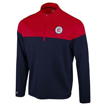 Men's Antigua Navy/Red Chicago Fire Hinder Quarter-Zip Pullover