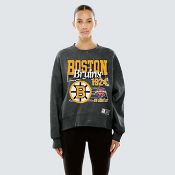 Women's New Era Black Boston Bruins Throwback Mineral Wash French Terry Crew Sweatshirt