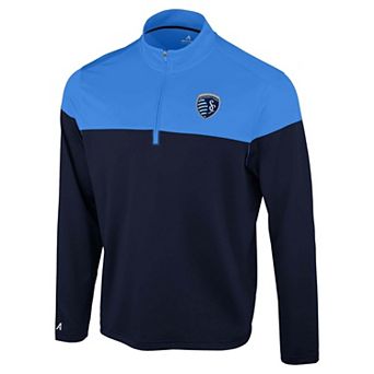 Men's Antigua Navy/Sky Blue Sporting Kansas City Hinder Quarter-Zip Pullover