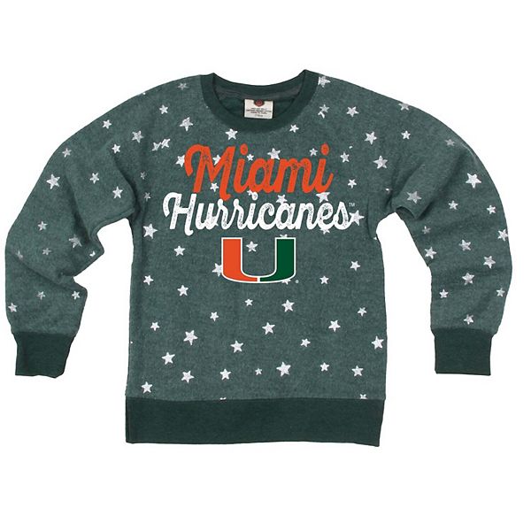 Girls Youth Wes & Willy Green Miami Hurricanes Shimmer Star Reverse Fleece Sweatshirt