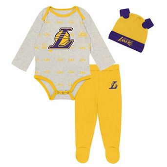 "Newborn & Infant Outerstuff Los Angeles Lakers Pinch Post Bodysuit, Pants & Cuffed Knit Hat Set"