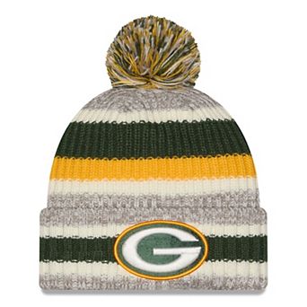 Girls Youth New Era Green/Beige Green Bay Packers Stripe Cuffed Knit Hat with Pom