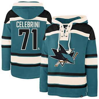 Men's '47 Macklin Celebrini Teal San Jose Sharks Player Name & Number Lacer Hoodie