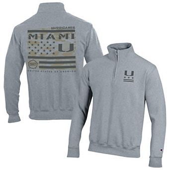 Men's Champion Heather Gray Miami Hurricanes Operation Hat Trick Flag Powerblend Fleece Quarter-Zip Pullover