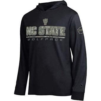Men's Champion Black NC State Wolfpack Operation Hat Trick Camo Script Hooded Long Sleeve T-Shirt