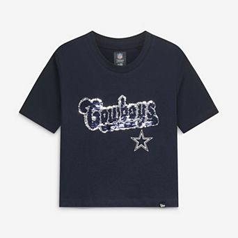 Girls Youth New Era Navy Dallas Cowboys Flip Sequin Boxy T-Shirt