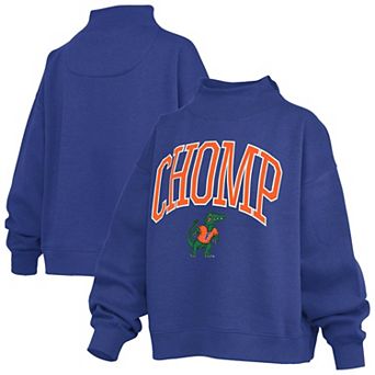 Women's Pressbox Royal Florida Gators Oversized Slogan Fleece Mock Neck Sweatshirt