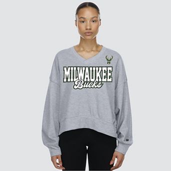 Women's New Era Gray Milwaukee Bucks Oversized Cropped V-Neck Fleece Sweatshirt