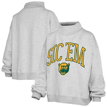 Women's Pressbox Ash Baylor Bears Oversized Slogan Fleece Mock Neck Sweatshirt