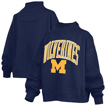 Women's Pressbox Navy Michigan Wolverines Oversized Slogan Fleece Mock Neck Sweatshirt