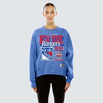 Women's New Era Blue New York Rangers Throwback Mineral Wash French Terry Crew Sweatshirt