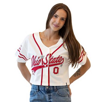 Women's Gameday Social Off White Ohio State Buckeyes Cropped Patch Baseball Fashion Jersey