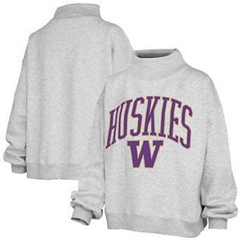 Women's Pressbox Ash Washington Huskies Oversized Slogan Fleece Mock Neck Sweatshirt