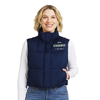 Women's WEAR by Erin Andrews College Navy Seattle Seahawks Cropped Puffer Full-Zip Vest