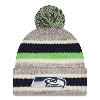 Girls Youth New Era College Navy/Beige Seattle Seahawks Stripe Cuffed Knit Hat with Pom