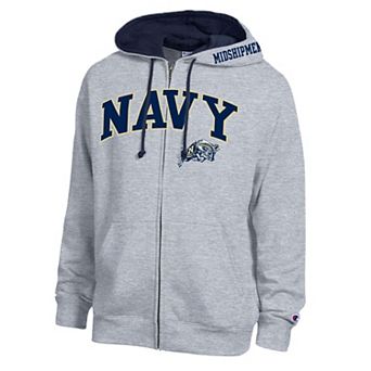 Men's Champion Heather Gray Navy Midshipmen Arch Logo Full-Zip Fleece Hoodie