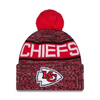 Girls Youth New Era Red Kansas City Chiefs Tri-Color Cuffed Knit Hat with Pom