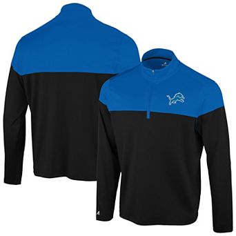 Men's Antigua Black/Blue Detroit Lions Hinder Quarter-Zip Pullover