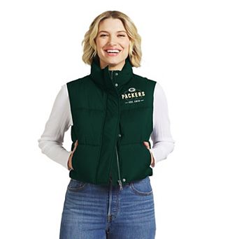 Women's WEAR by Erin Andrews Green Green Bay Packers Cropped Puffer Full-Zip Vest