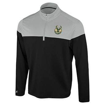 Men's Antigua Black/Gray Milwaukee Bucks Hinder Quarter-Zip Pullover