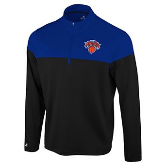 Men's Antigua Black/Blue New York Knicks Hinder Quarter-Zip Pullover