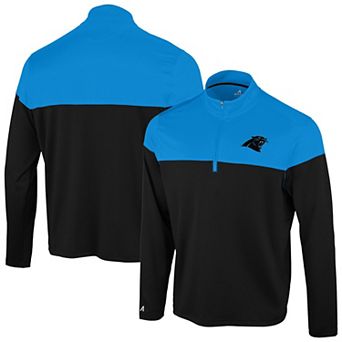 Men's Antigua Black/Blue Carolina Panthers Hinder Quarter-Zip Pullover