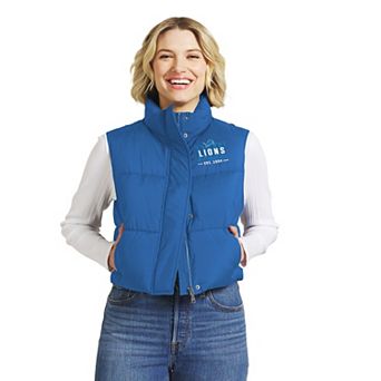 Women's WEAR by Erin Andrews Blue Detroit Lions Cropped Puffer Full-Zip Vest