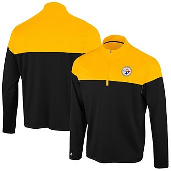 Men's Antigua Black/Gold Pittsburgh Steelers Hinder Quarter-Zip Pullover
