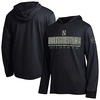 Men's Champion Black Northwestern Wildcats Operation Hat Trick Camo Script Hooded Long Sleeve T-Shirt