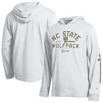 Men's Champion White NC State Wolfpack Operation Hat Trick Sleeve Line Hooded Long Sleeve T-Shirt