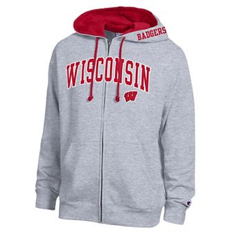 Men's Champion Heather Gray Wisconsin Badgers Arch Logo Full-Zip Fleece Hoodie
