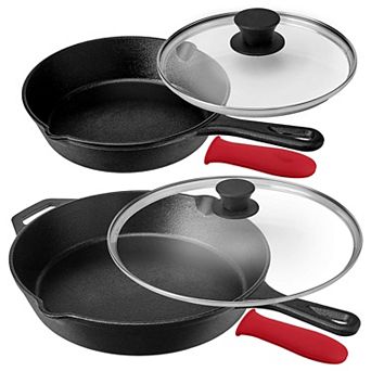 MegaChef Pro Pre-Seasoned 6 pc Cast Iron Skillet Set with Lids and Red Silicone Holders