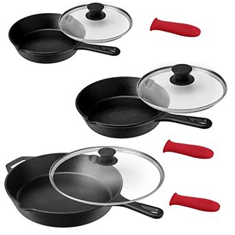 MegaChef Pro Pre-Seasoned 9 pc Cast Iron Skillet Set with Lids and Red Silicone Holder