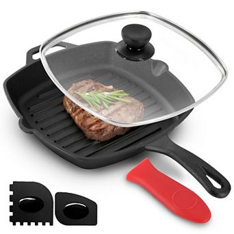 MegaChef Pro 10.4 Inch Pre-Seasoned Cast Iron Griddle with Tempered Glass Lid