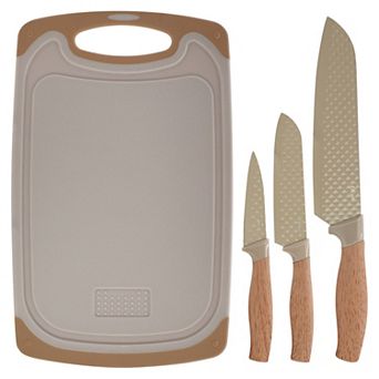 Oster Gunderson 4 pc Stainless Steel Cutlery and Cutting Board Set in Brown