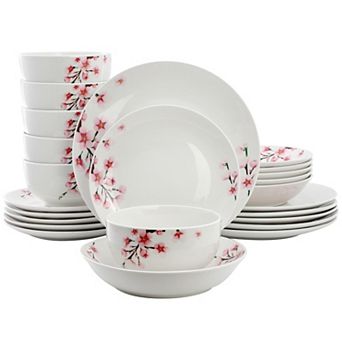 Elama Tamara 24 pc Cherry Blossom Porcelain Double Bowl Dinnerware Set, Service for 6