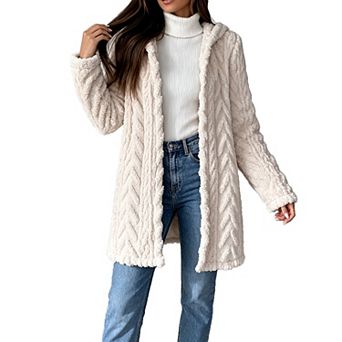 Women Double Fleece Hooded Open Front Cardigan Long Sleeve Casual Loose Outerwear