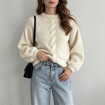 ShopWonder Women Cable Knit Long Sleeve Solid Color Crew Neck Pullover Sweater