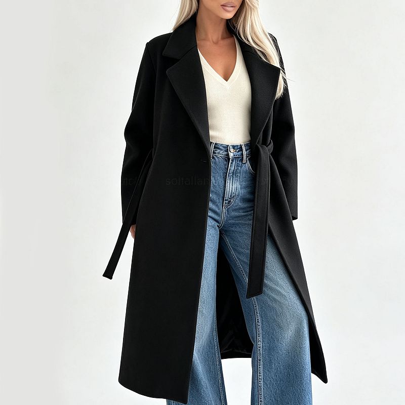 Women Lapel Long Coat,Open Front Belted Waist Tie Mid‑Long Outerwear ...