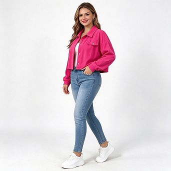 Women's Lantern Sleeve Button Front Shacket, Loose Knit Polo Collar Short Jacket