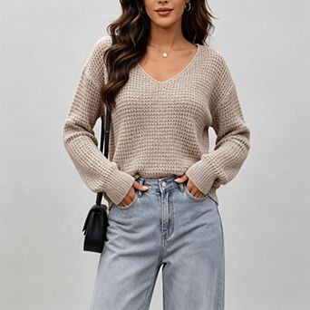 ShopWonder Women's Open Back Twist Tie V Neck Loose Knit Pullover Sweater