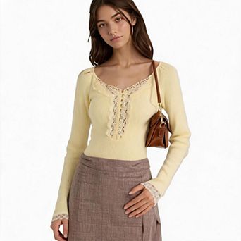 Women Long Sleeve V Neck Ribbed Knit Top Lace Trim Button Front Sweater