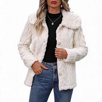 Women Lapel Fuzzy Fleece Jacket Cable Textured Long Sleeve Button Coat