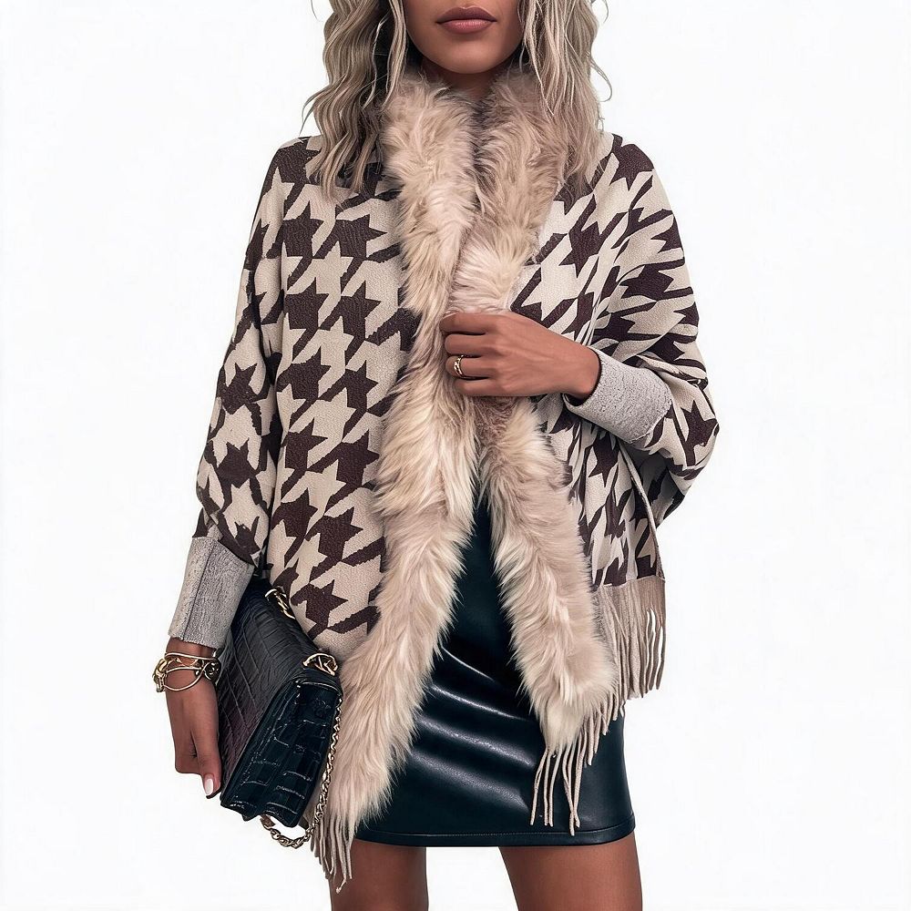 Women Houndstooth Faux Fur Collar Fringe Poncho Cape Coat