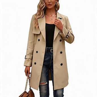 Women Lapel Double Breasted Belted Mid Length Long Sleeve Trench Coat