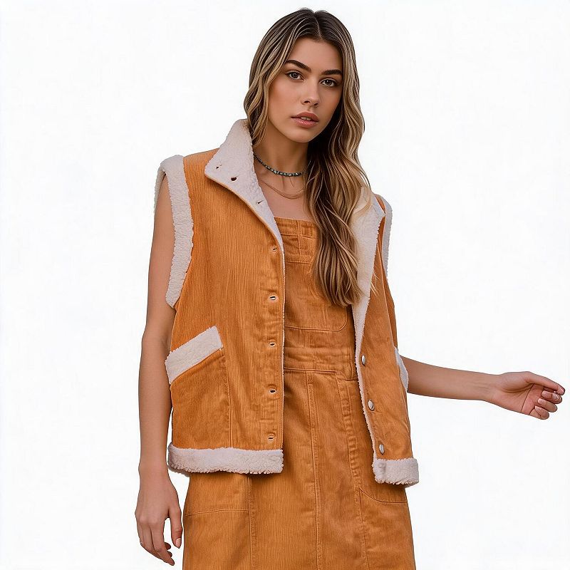 Women Sleeveless Corduroy Sherpa Trim Button Front Vest Jacket