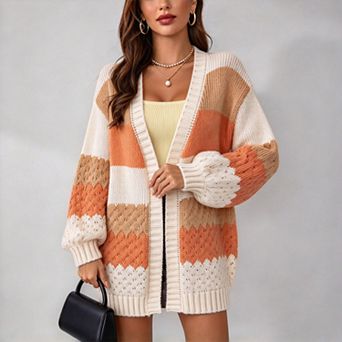 ShopWonder Women Color Block Striped Casual Loose Lantern Sleeve Cute Knitted Cardigan Sweaters